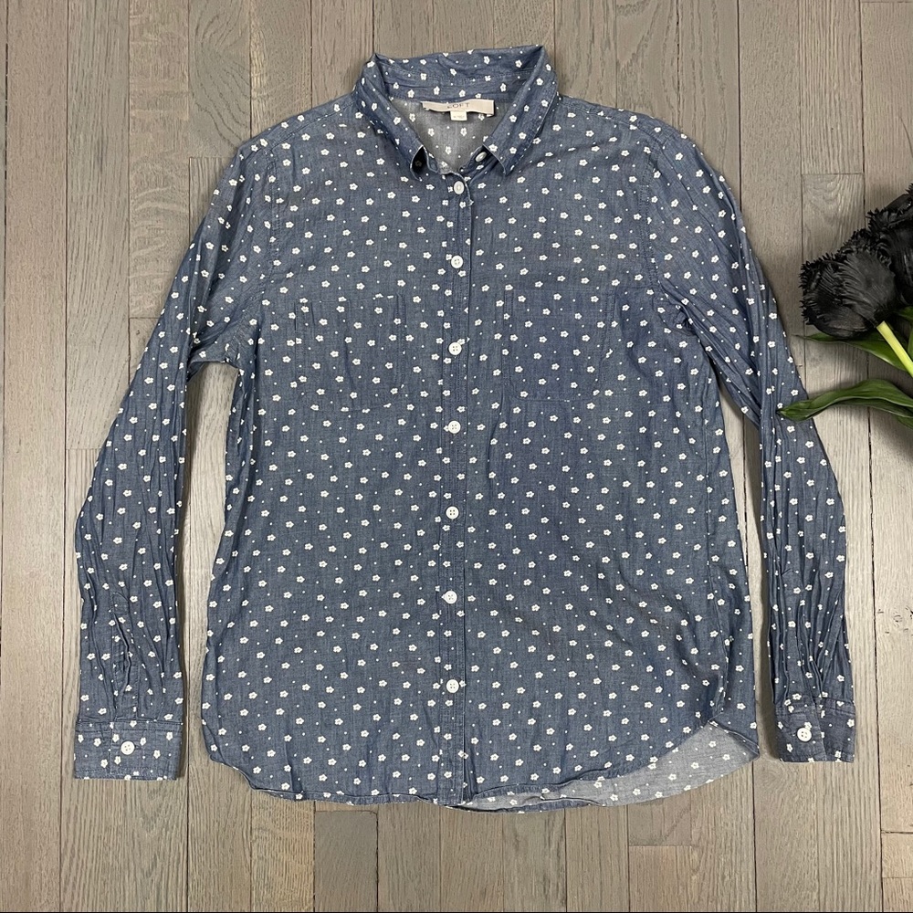 LOFT Floral Print Chambray Long Sleeve Button Down